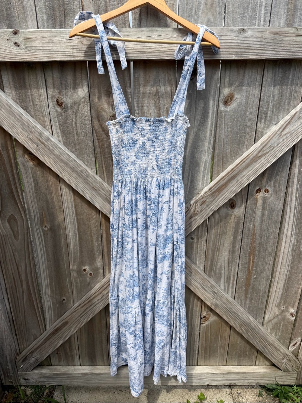 Smocked Tie-Shoulder Maxi Dress in Blue Toile